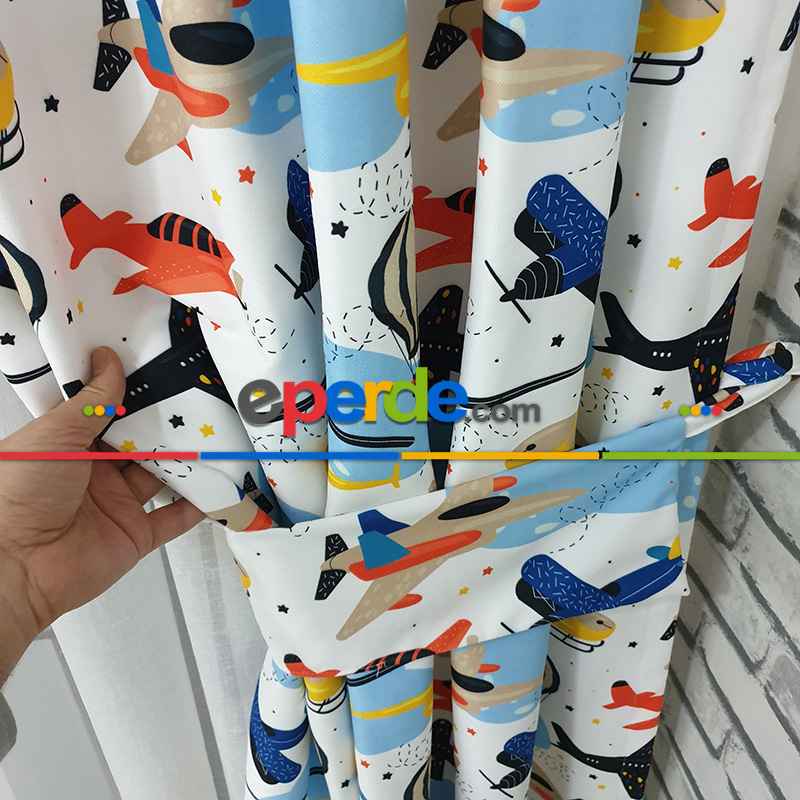 Uçak Helikopter Desenli Fon Perde Evm801 Kumaşı Kalındır Duck Bezi Değildir- Siyah-Sarı-Beyaz