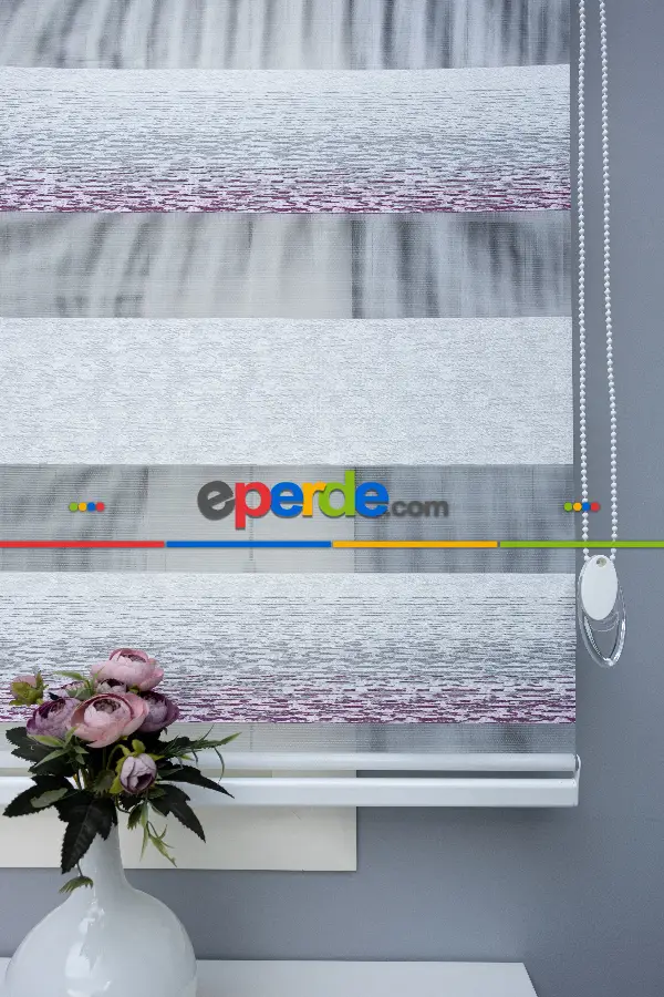 Genç Odası - Zebra Perde Jakarlı Ekru Mor Renk Geçişli 2021 Sezonu Malaga Serisi A Kalite Zebra Perde- Mor