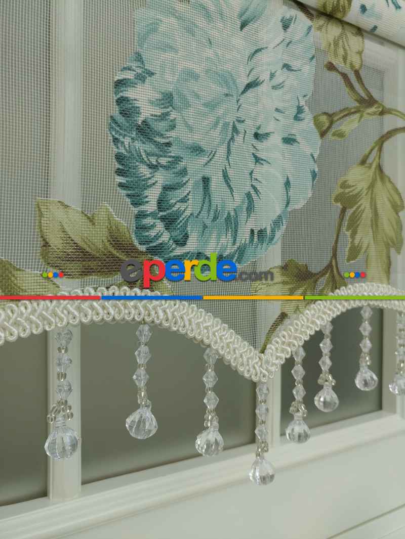 Yatak Odası - Tül Stor Çiftli Sistem Yakma Desen Mavi Gül- Mavi-yeşil Koyu Yeşil- Çok Renkli 2