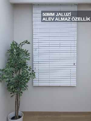 50mm Beyaz Ahşap Efektli Jaluzi Perde Alev Almaz Özellik- Beyaz