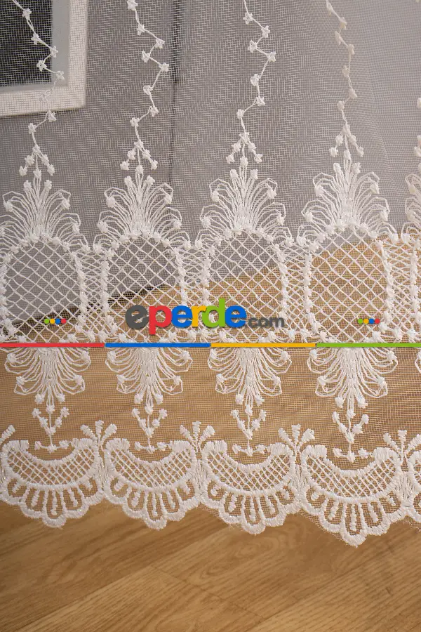 Tül Perde - Desenli Tül Perde - Gramajlı Brode İşlemeli Tül Perde - Ekru Açık Krem