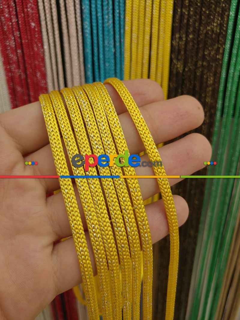 Mutfak İp Perde - Sarı Rengi Simli İp Perde Jumbo Zincir Serisi- Sarı-gümüş