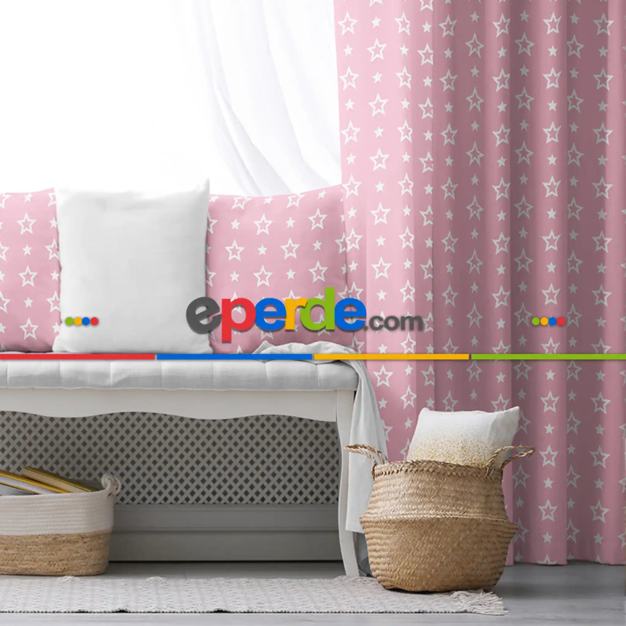 Kız Çocuk Odası Fon Perde - Çocuk Fon Perde Evim1616-16 Kumaşı Kalındır Duck Bezi Değildir - Pembe Beyaz