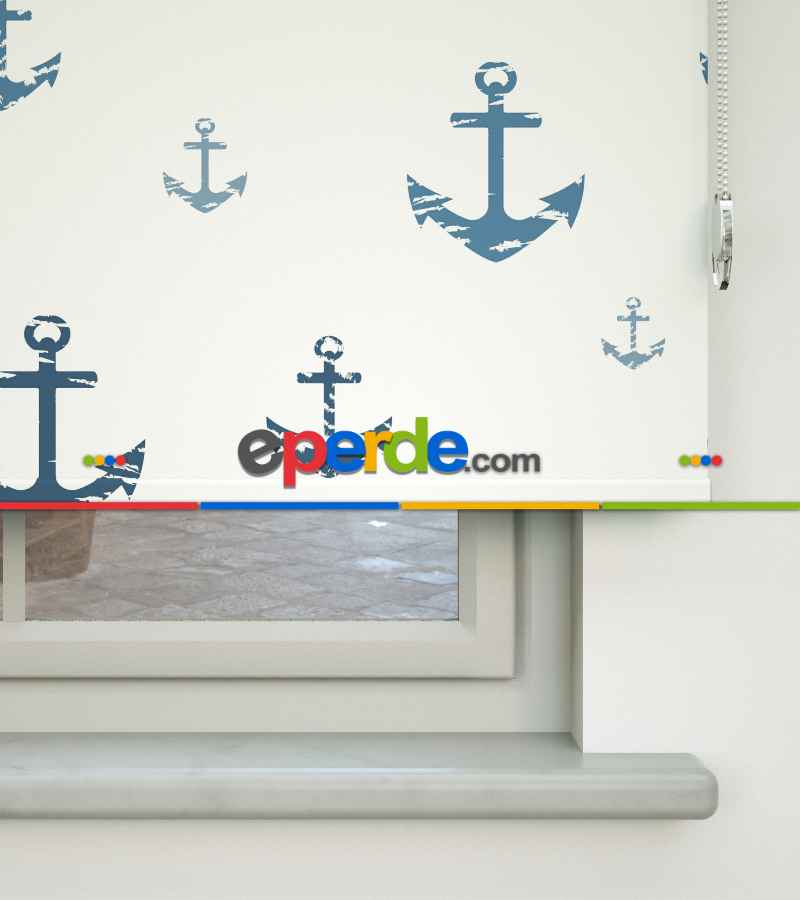 Çapa Desenli Baskılı Stor Perde- Mavi-gri-füme-antrasit-ekru