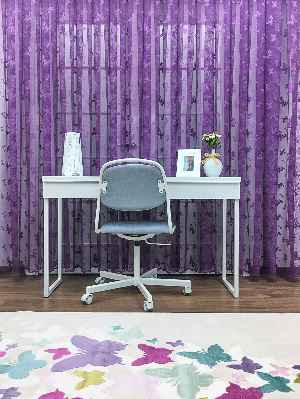 Kelebek Desenli Kız Çocuk Odası İçin Tül Perde - Mor- Mor