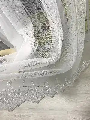 Ekru Fransız Dantel Etek Ucu Güpür İşlemeli Salon Perdesi 2021- Ekru