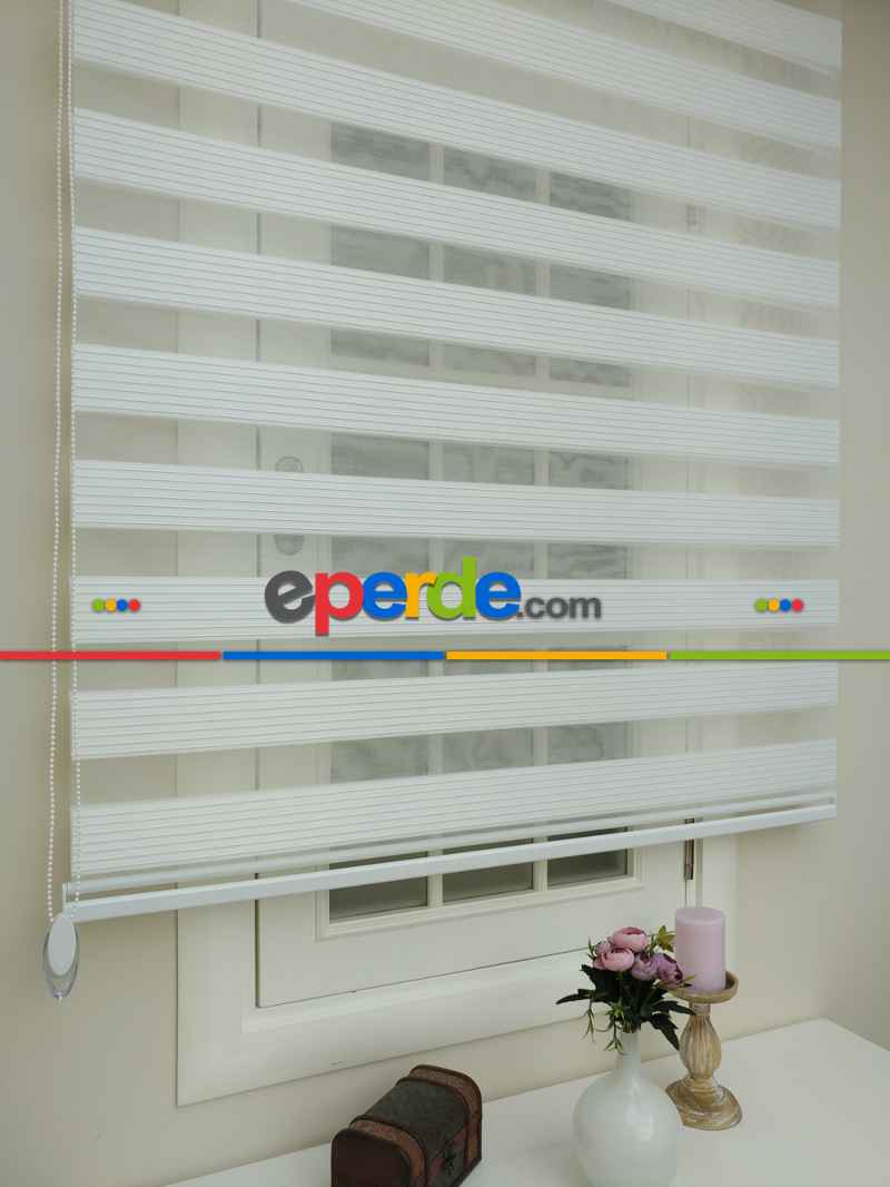 Mutfak - Beyaz Renk Plise Zebra Perde (kalın Zeminli)- Beyaz