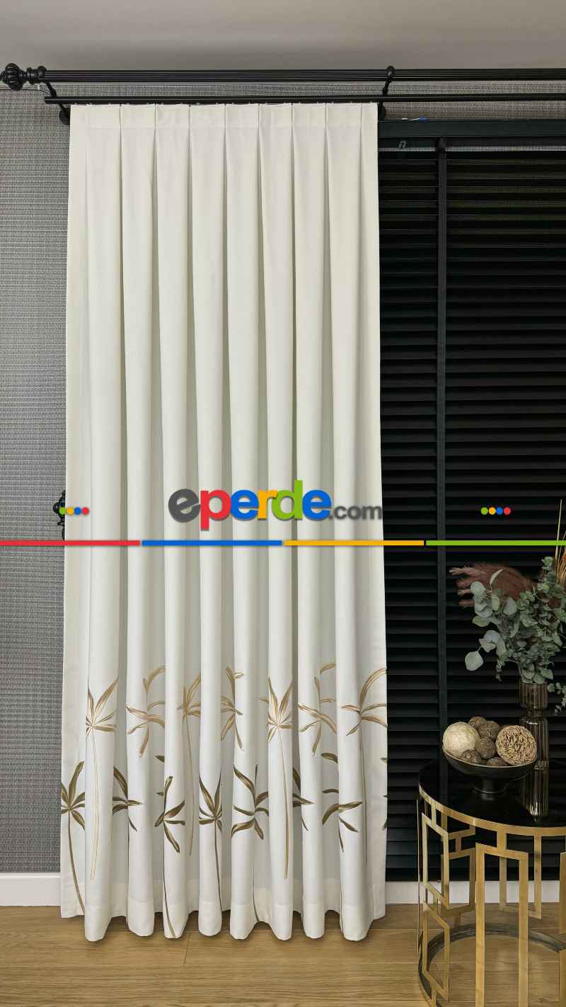 Ekru Gold Yaprak Desenli Pano Jakar Dokuma Nakışlı Fon Perde - Premium Seri Ağır Gramajlı