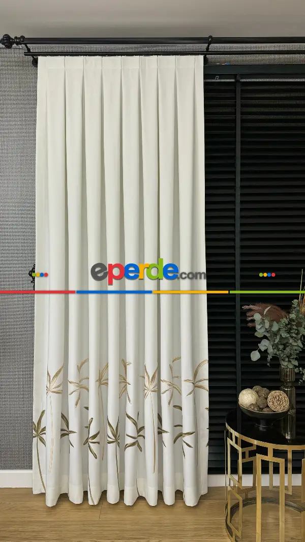 Ekru Gold Yaprak Desenli Pano Jakar Dokuma Nakışlı Fon Perde - Premium Seri Ağır Gramajlı