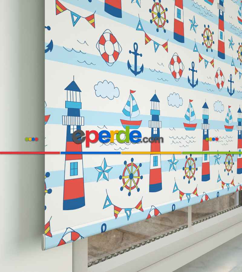 Çapa Baskılı Stor Perde- Mavi-kırmızı-beyaz