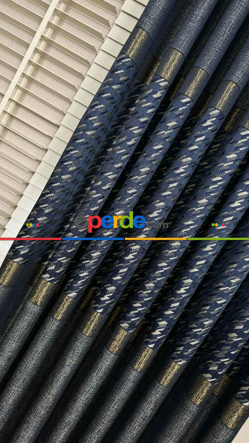 Lacivert Mavi Altın Fon Perde, Kazayağı Desenli Jakar Dokumadır. Pano Fon