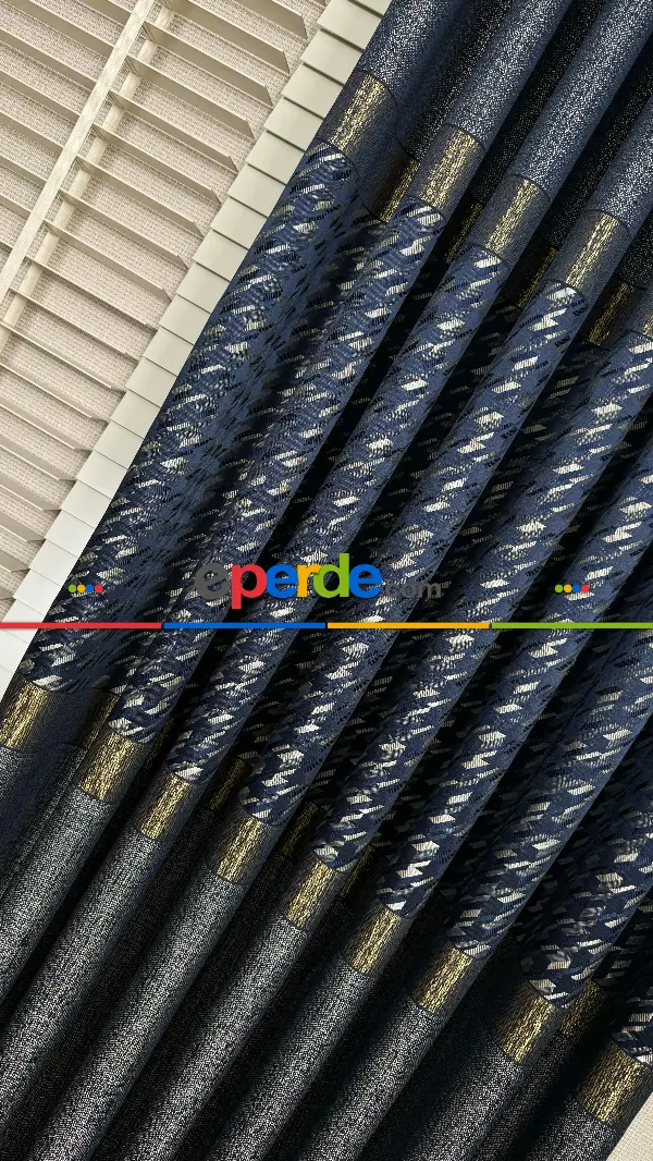 Lacivert Mavi Altın Fon Perde, Kazayağı Desenli Jakar Dokumadır. Pano Fon