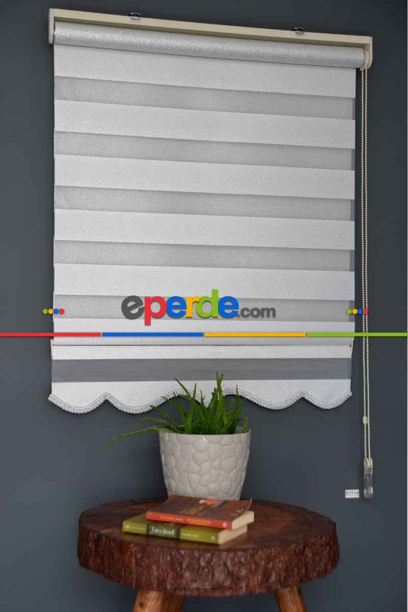 Halim Perdesan Sm-400 Beyaz & Gümüş Yaldız Renk Etekli Veya Eteksiz Zebra Stor Perde