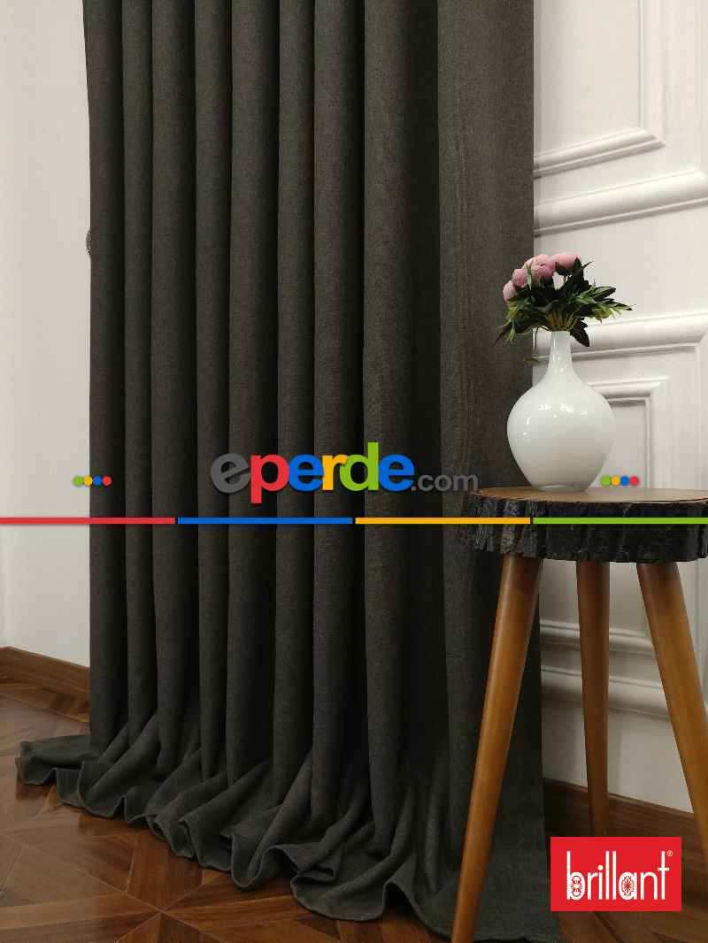 Brillant Keten Antrasit Renk Düz Fon Perde - Füme