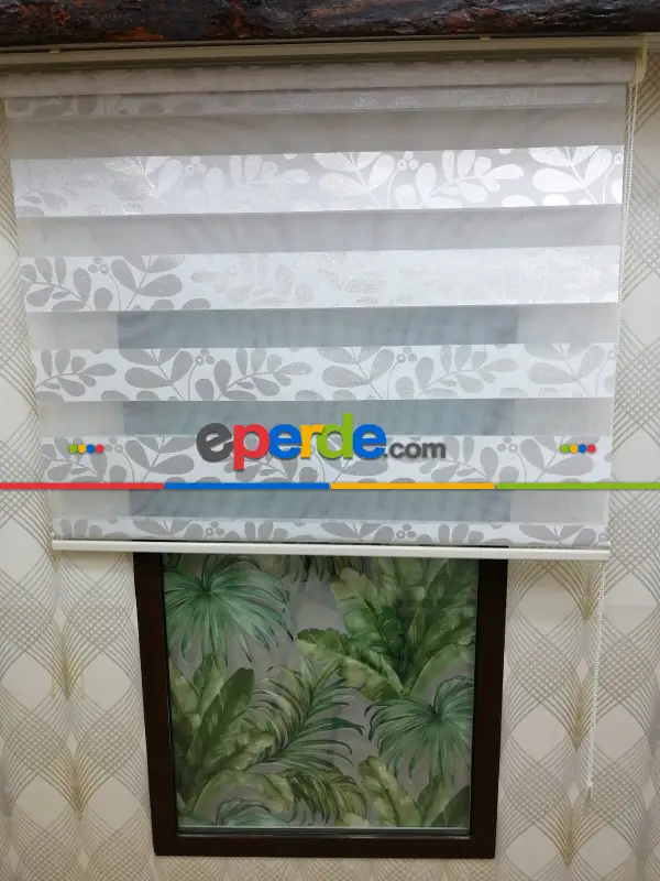 Mutfak - Yapraklı Zebra Perde- Beyaz