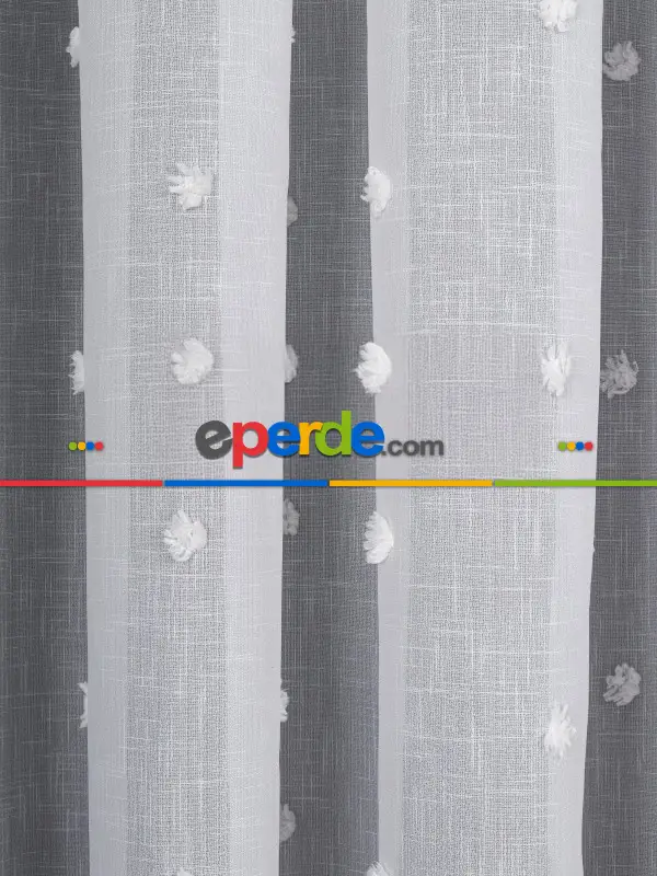 Ponpon Desenli Keten Düz Tül Perde Gramajlı