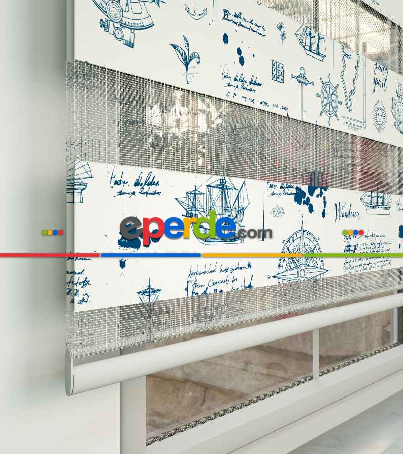 Denizci Desen Baskılı Zebra Perde- Lacivert-mavi-beyaz