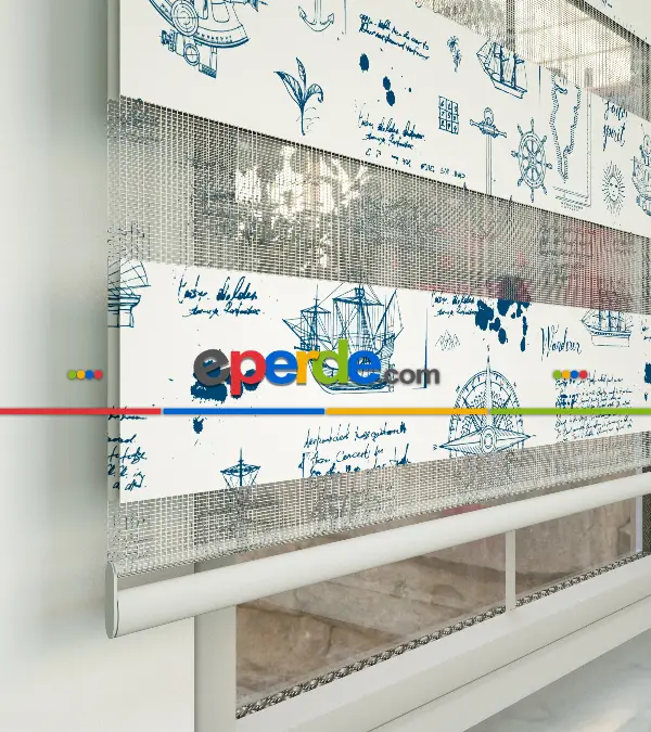 Bebek Odası Zebra Perde - Denizci Desen Baskılı Zebra Perde- Lacivert-Mavi-Beyaz