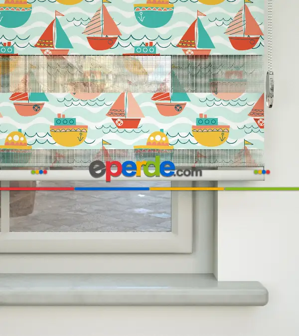 Bebek Odası Zebra Perde - Gemi Desenli Baskılı Zebra Perde-  Çok Renkli 2