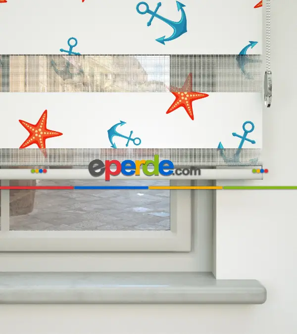 Çocuk Odası Zebra Perde - Çapa Ve Deniz Yıldızı Baskılı Zebra Perde- Çok Renkli