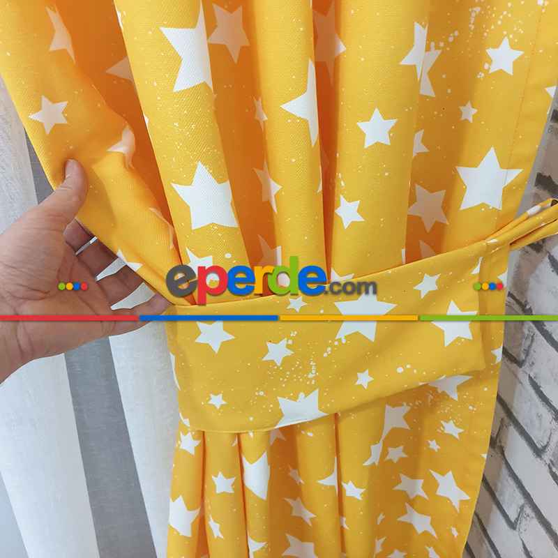 Yıldız Desenli Fon Perde Evm685-5 Kumaşı Kalındır Duck Bezi Değildir- Sarı-Beyaz