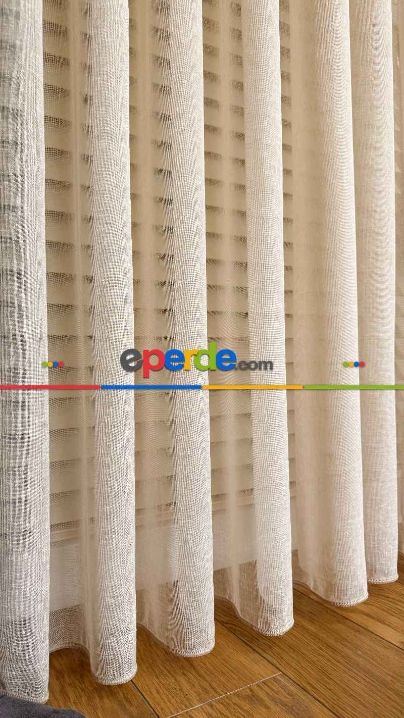 Bej Naturel Keten Düz Tül Perde, Premium Kalite Serisi, Eteği Kurşunlu - Beıge Folded Lınen