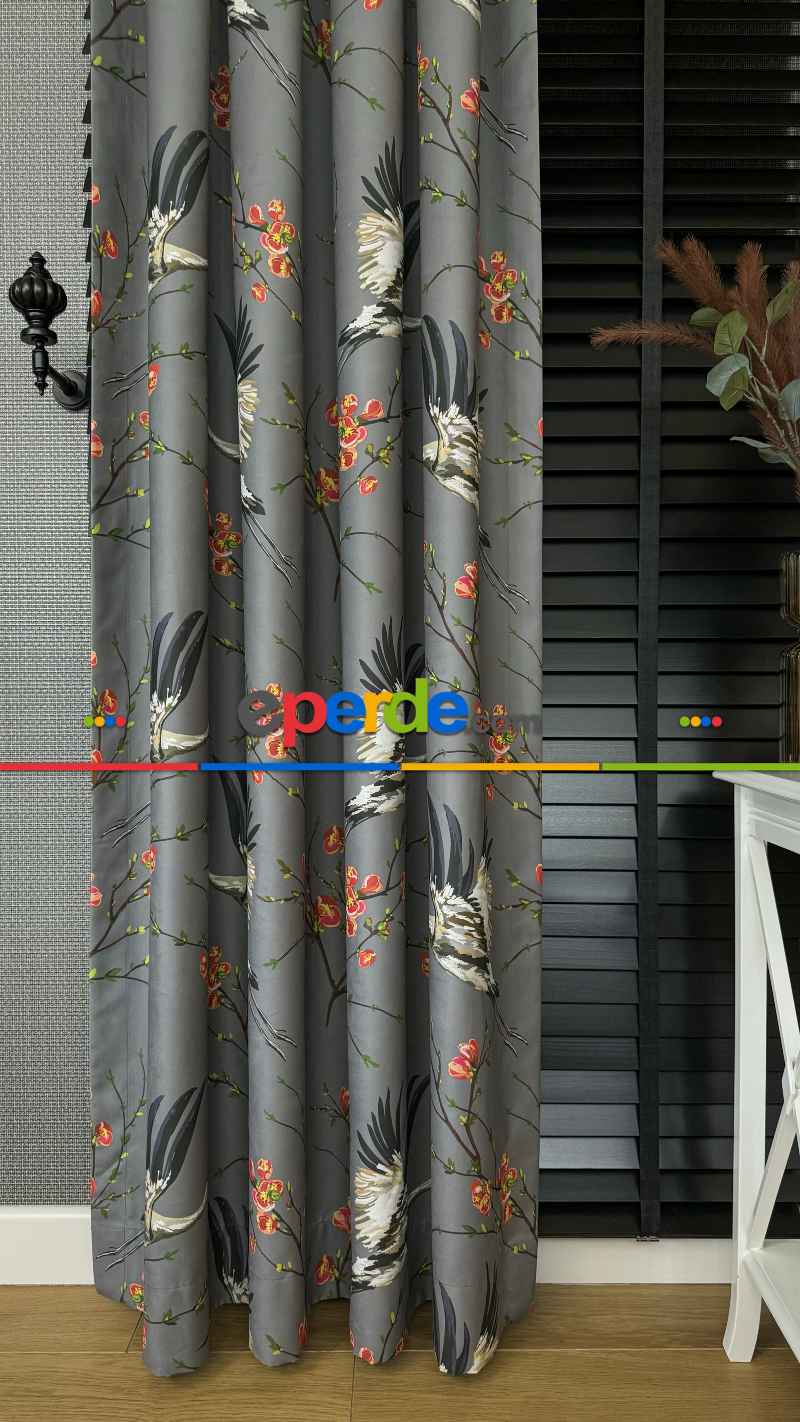 Genç Odası Antrasit Gri Çiçek Kuş Desenli İthal Kadife Fon Perde - Premium Kalite Serisi Ağır Gramajlı