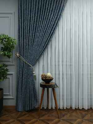 Jakar Desenli Fon Perde- Hardal Sarısı-petrol Mavisi