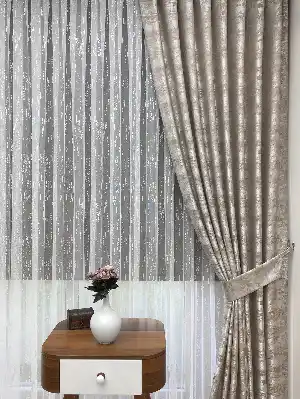 Bej - Katyonik Jakar Fon Perde- Bej