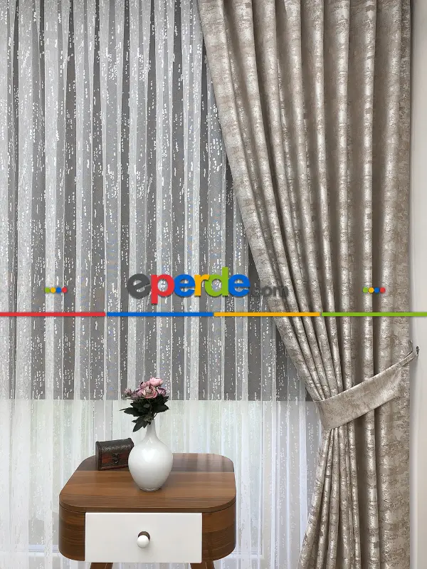 Bej - Katyonik Jakar Fon Perde- Bej