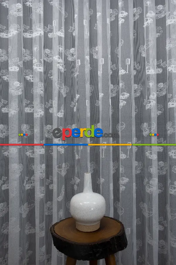 Erkek Çocuk Odası Tül Perde, Arabalar Desenli - Ütü İstemez