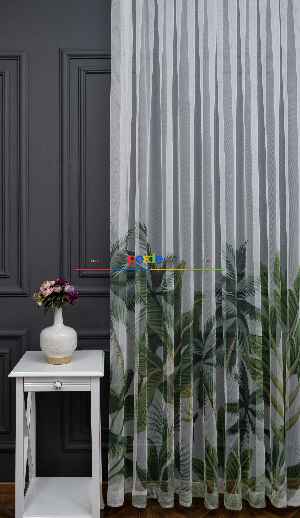 Hazır Ölçülü Petek Zemin Yeşil Renkli Yapraklar Desenli Grek Baskılı Tül Perde