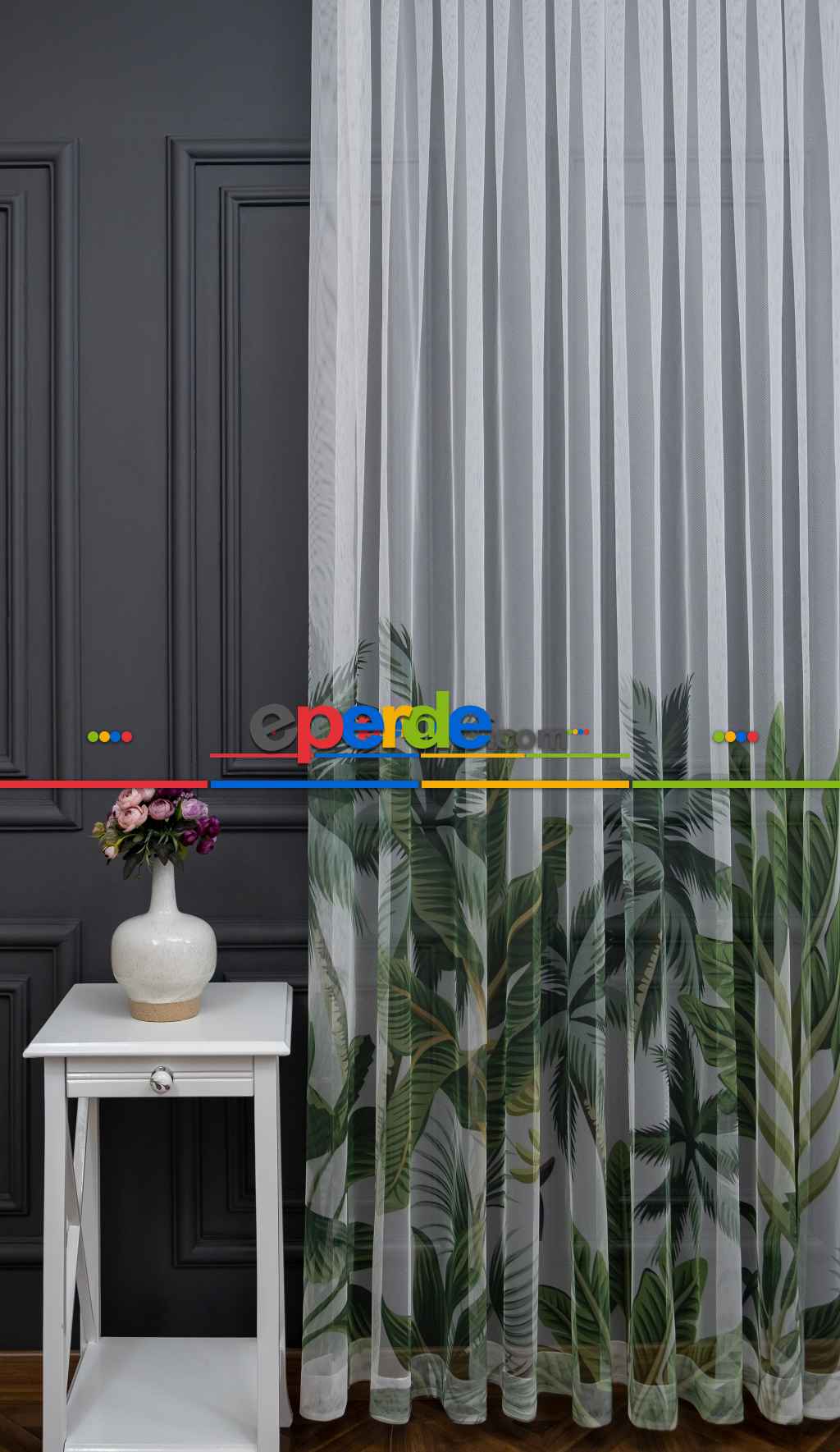 Hazır Ölçülü Petek Zemin Yeşil Renkli Yapraklar Desenli Grek Baskılı Tül Perde