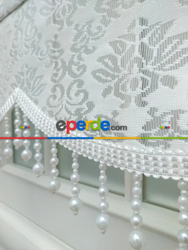 Jakar Örme Tül-alvina 801 Ekru Çiftli Sistem Dantel Desenli Perde- Beyaz