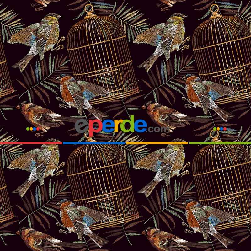 Kuş Resimli Fon Perde Evm289 -h - Kumaşı Kalındır Duck Bezi Değildir.- Siyah-Sarı-Kahve-Çok Renkli