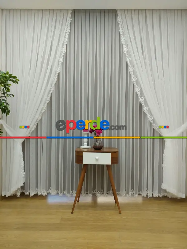 Fansız Dantel Fon Perde Etek Ucu Kortlu Nakış (güpür ) İşlemeli - 3 İçindeki Tül Kodu #22169- Ekru