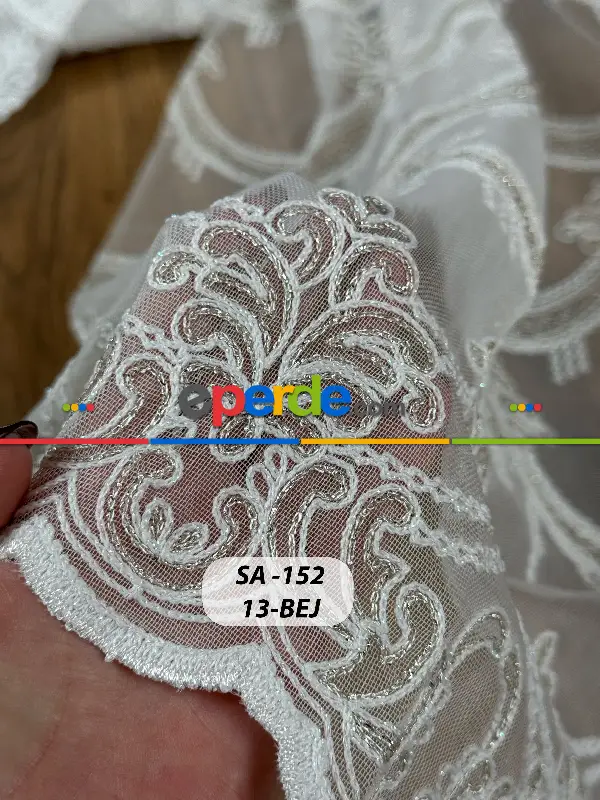 Salon - Simli Damask Desen Nakışlı Tül Perde - Özel Dokuma Ağır Gramajlı Premium