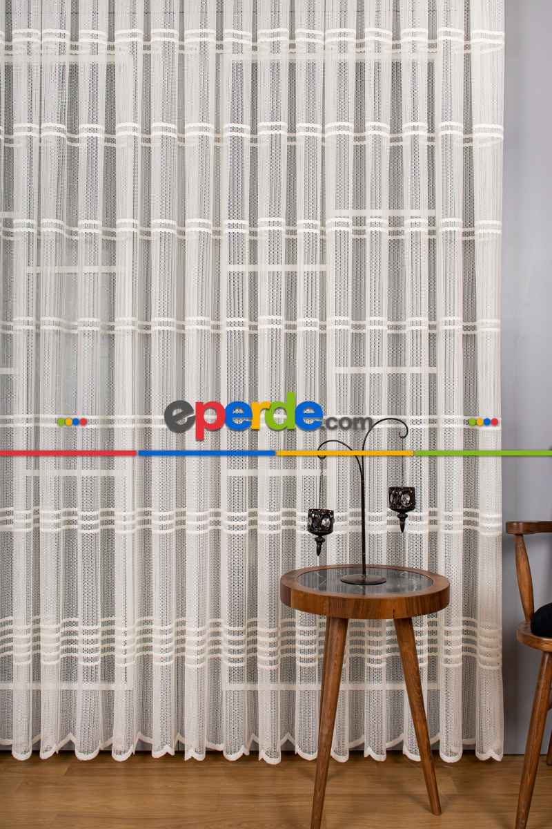 Salon Tül Modelleri - Clara Enine Bantlı Örme Tül Perde Ütü İstemez