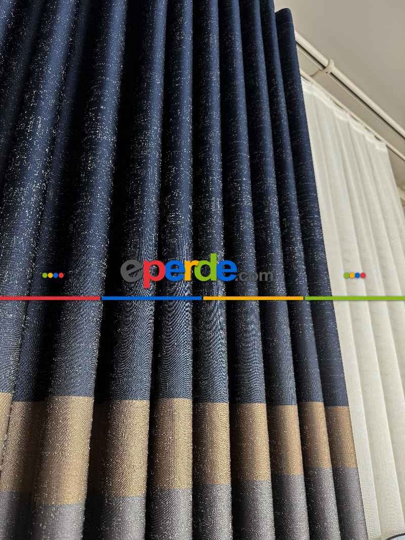 Koyu Lacivert Gri Gold Jakar Dokuma Fon Perde, Parlak Zemin