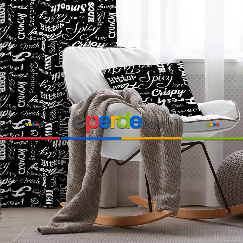 Siyah Yazılı Desenli Fon Perde Evim271 Kumaşı Kalındır Duck Bezi Değildir- Mavi-beyaz