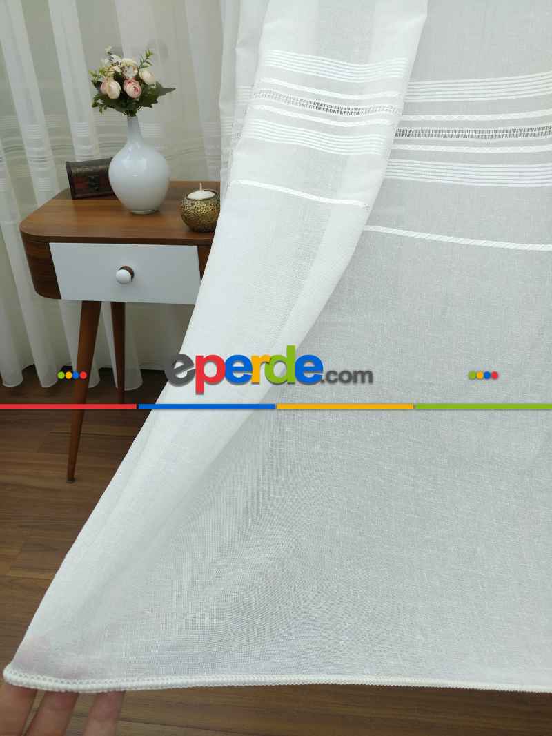 Krem - Keten Tül Perde- Krem - Kurşunlu Tül