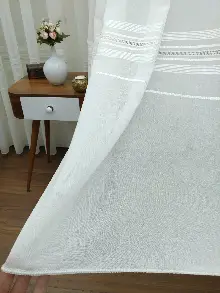 Krem - Keten Tül Perde- Krem - Kurşunlu Tül