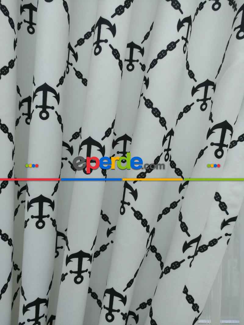 Çocuk Odası Fon - Çapa Denizci Desenli Fon Perde Modelleri- Siyah