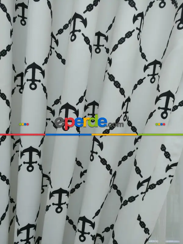 Çapa Denizci Desenli Erkek Bebek Ve Çocuk Odası Fon Perde Modelleri- Siyah-Beyaz