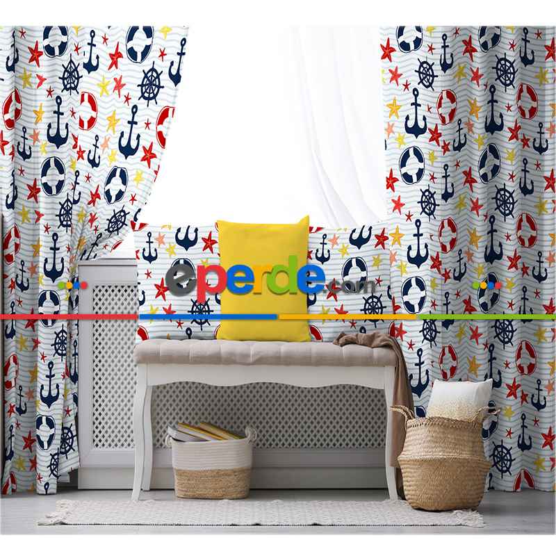 Çapa Desenli Fon Perde Evim932 Kumaşı Kalındır Duck Bezi Değildir- Mavi-beyaz