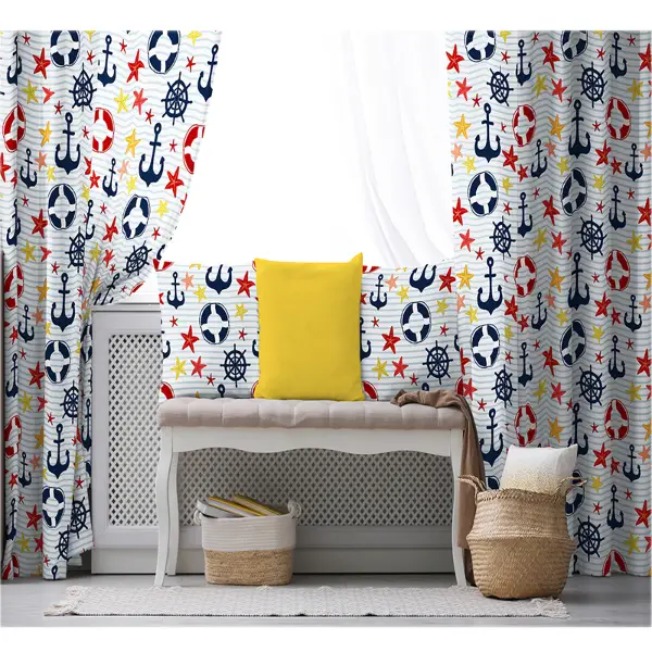 Çocuk Odası - Çapa Desenli Fon Perde Evim932 Kumaşı Kalındır Duck Bezi Değildir- Mavi-beyaz