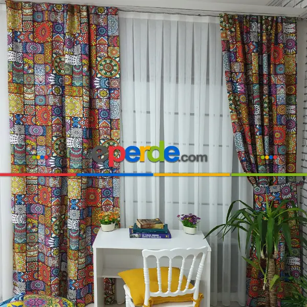 Etnik Desenli Fon Perde Evm1062 Kumaşı Kalındır Duck Bezi Değildir- Kırmızı-Pembe-Hardal Sarısı- Çok Renkli 3