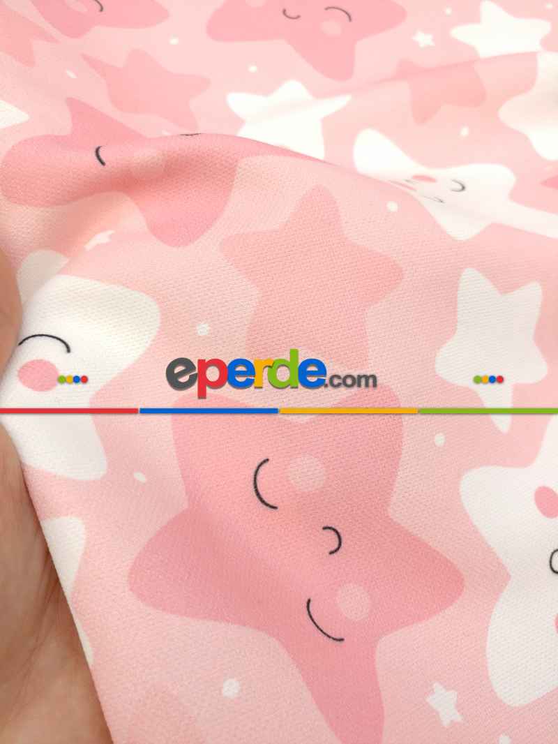 Bebek Odası Fon - Gülen Yıldızlar Fon Perde Modelleri- Pembe Açık