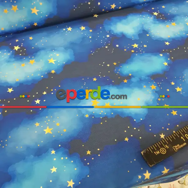 Bebek Odası Fon - Yıldız Ve Gece Desenli Fon Perde Evm678 Kumaşı Kalındır Duck Bezi Değildir- Mavi