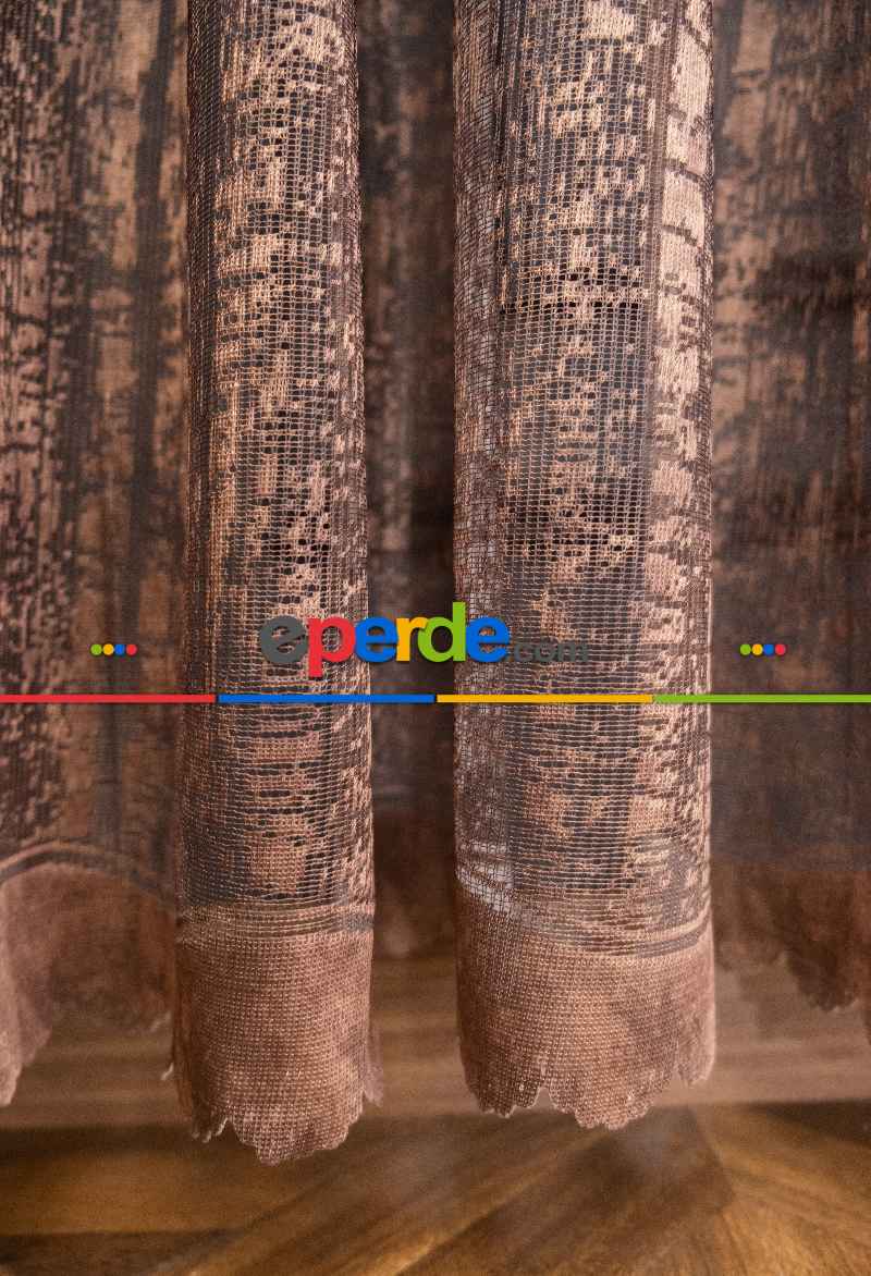 Modern Koyu Kahverengi Desenli Degrade Geçişli Örme Tül Perde Yüksek Kalite